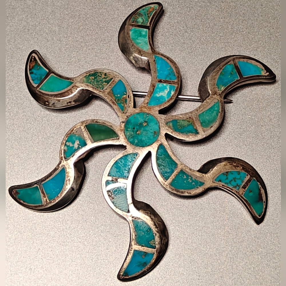 Native American Zuni Genuine Turquoise and Silver Spiritual Sunburst Brooch